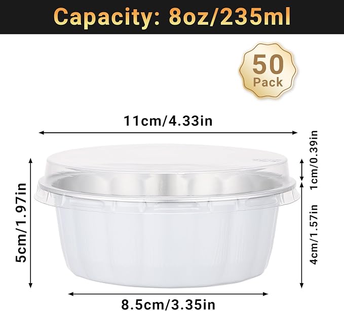 Beasea 8 oz Disposable Ramekins with Lids, 50 Pack Aluminum Cups for Baking, Aluminum Foil Baking Cups with Lids, Creme Brulee Muffin Cupcake Mini Pudding Foil Ramekin for Party Wedding - White