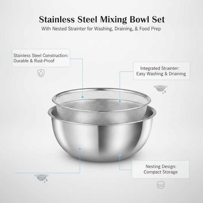 Stainless Steel Mixing Bowl Set with Nested Strainer for Washing, Draining, and Food Prep