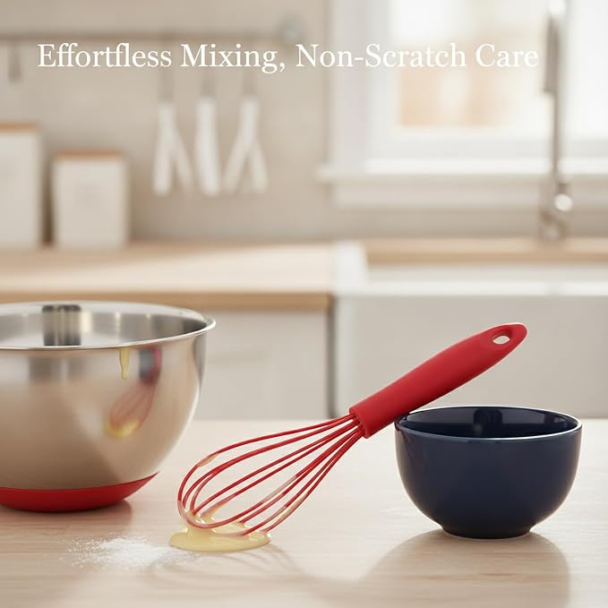 Curved Silicone Whisk, 10.2-Inch Flexible Mixing Tool for Batters and Eggs, Red