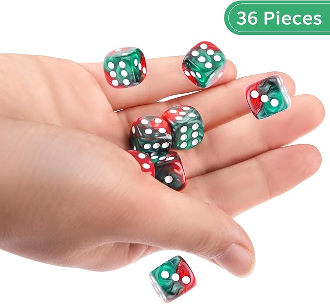 36 of Pack 12MM 6 Sided MINI Dice Set,Two Colours D6 Game Dice Set, 6 Sided Standard Dices for Yahtzee, Bunco or Teaching Math,with Portable Plastic Box(Red Green)