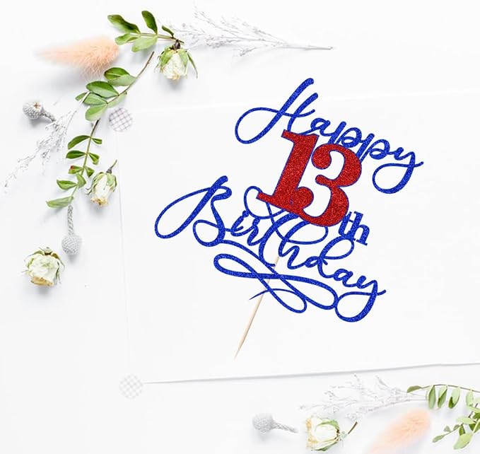 Happy 13th Birthday Cake Topper,Deep blue font red Numbers 13th Birthday Cake Decoration,Hello 13, Cheers to 13 Years/13th Anniversary,13& Fabulous Party Decoration