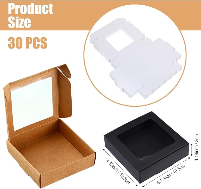 Zonon 30 Pcs Kraft Paper Boxes with Window 4.13 x 4.13 x 1.18 Inch Candy Packaging, Small Gift Boxes, Soap holder, Mini Treat Packaging for Bakery Chocolate Jewelry Display (Brown,Black,White)