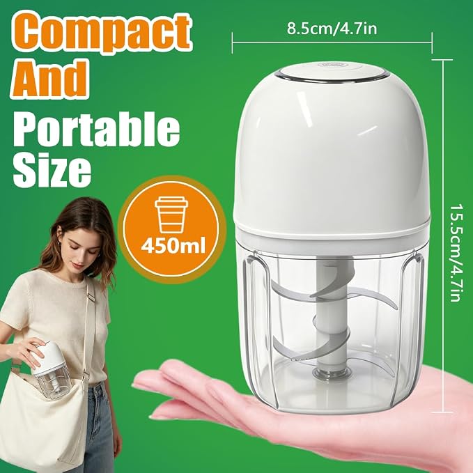 2026 New 450ML Electric Garlic Chopper, Powerful Portable Mini Food Processor, 1 Head 8 Blades, Partition Panel, Brush and Spoon, Garlic Mincer Electric for Ginger, Chili, Fruit, Meat, Onion, etc