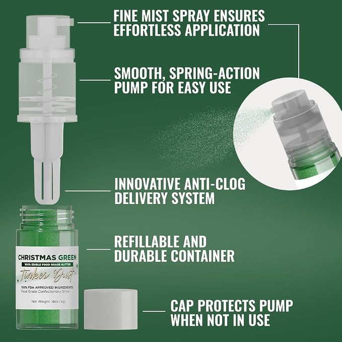 Bakell - Christmas Green Tinker Dust (4g, 1x Mini Spray Pump) Edible Glitter for Food, Desserts, and Baked goods!