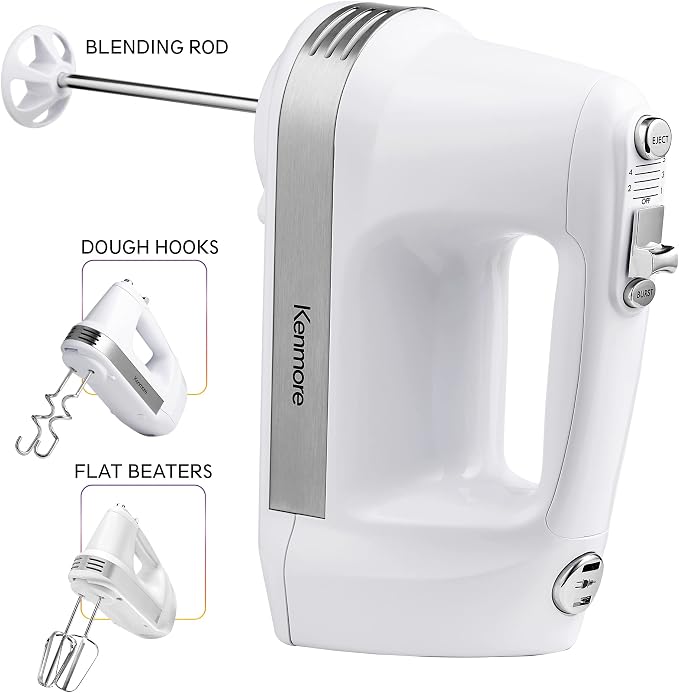 Kenmore Electric Hand Mixer – 5 Speed Handheld Blender, Electric Egg Beater with Whisk, Beater, Dough Hooks, Storage Case, Turbo Boost for Cake Mix, Batidora de Mano Eléctrica