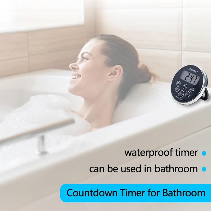 Digital Waterproof Shower Timer Clock, Bathroom Countdown Kitchen Cooking Timer with Alarm, Magnetic Back, Stand Silver Black