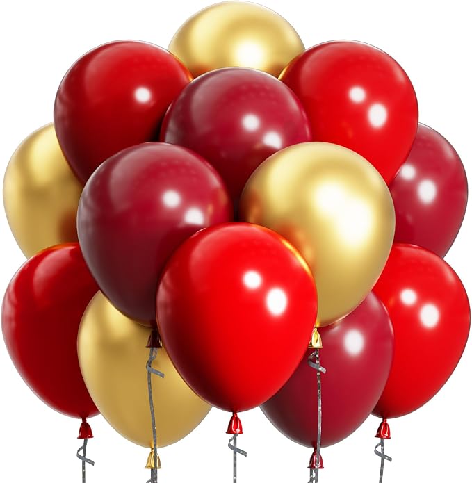 SUWEN Dark Red and Gold Balloons,60pcs 12 inch Red and Metallic Gold Balloons for Valentine's Day Wedding Birthday Engagements Anniversary Party Decorations