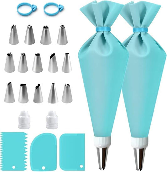 Piping Bags and Tips Set, Cake Decorating Supplies Kit, Frosting Piping Kit, Reusable Pastry Bags and Tips with 16 Inch Piping Bags, Silicone Rings, Couplers, Scrapers, Baking Tools for Cookie Icing