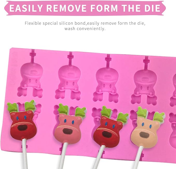 12 Capacity Silicone Deer Lollipop Mold Set, Sucker Molds and Chocolate Hard Candy Mold with 50pcs Lollipop Sucker Sticks, Candy Treat Bags, Gold Ties. (Deer)