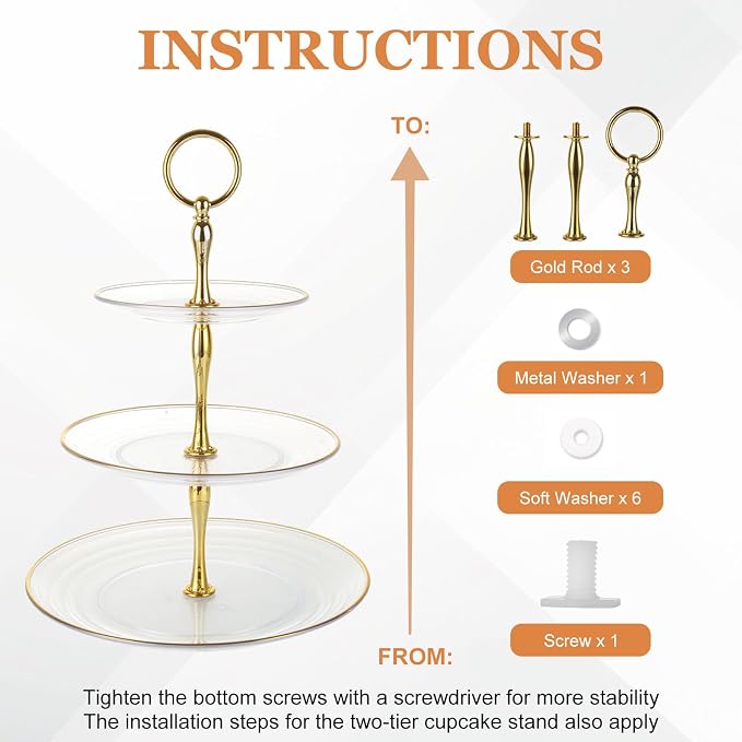 SENENQU 4 Pack 3 Tier Cupcake Stand, Tiered Serving Cake Stand, Transparent Plastic Dessert Stand, Weddings Parties Pastry Serving Tray (Clear Plate with Gold Rim)