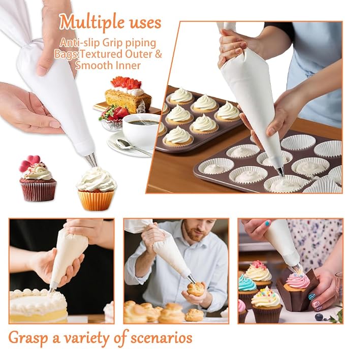 14PCS Reusable Piping Bags and Tips Set-16Inch HeavyDuty Cotton Pastry Bags | With 7Steel Piping Tip Nozzles,Durable Non Slip,Leakproof,Cotton Icing Bags for Cake Decorating,Cookies,Churros,Filling Puff