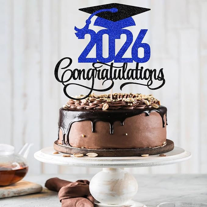 Black Dark blue Glitter 2026 Congratulations Graduation Cake Topper,Congrats Grad Cake Decor - 2026 High School/College/Senior Graduation Party Decorations Supplies