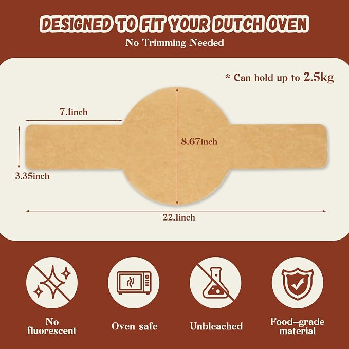 Parchment Paper for Sourdough Baking, GIGYES Bread Sling for Dutch Oven, 8" Round Parchment Paper with Long Handles for air fryer, Easy-Lift, Non-Stick, Odor-Free (Unbleached, 100sheets-Round)