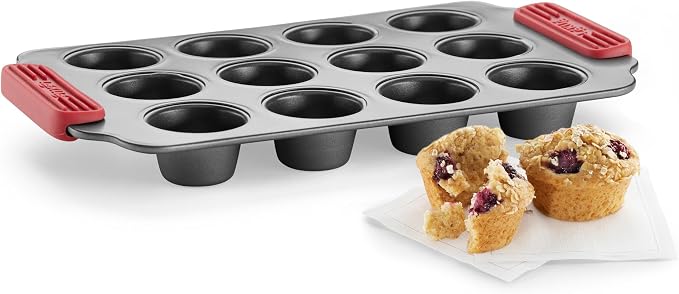 Lékué Non-Stick 12 Hole Mini Muffin Mold - Carbon Steel Oven Baking Pan with Platinum Silicone Handles, Even Heat, Dual Non-Stick Ceramic Coating, Scratch Resistant, PFOA & PFA-Free, 12.2 x 7.1 x 1.5"