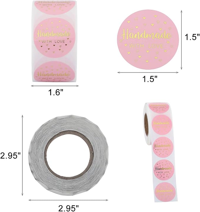 Yoption 1.5 Inch Round Handmade with Love Stickers Pink for Packaging, Cookie Bags, Small Shop Local Handmade, 500 Labels per Roll