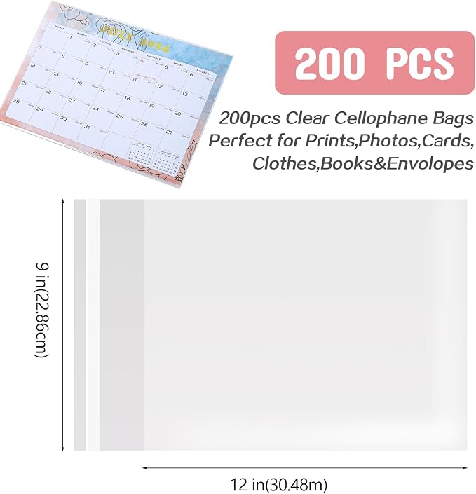 LEOSINDA 200 Pcs Self Sealing Cellophane Bags 9x12 Inch Clear Resealable Cellophane Plastic Bags Self Adhesive for Packaging, T-Shirts, Clothing, Packaging Products, Party Favors