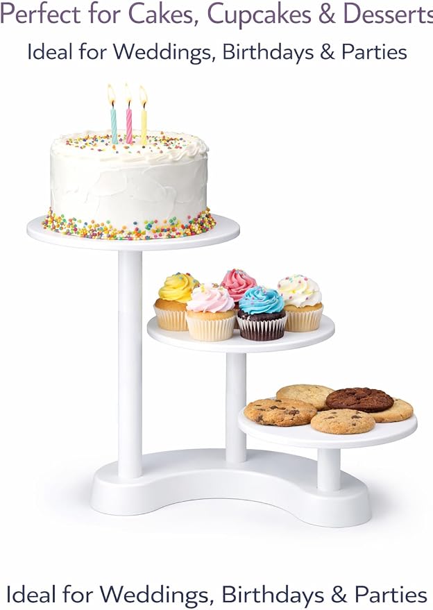 Oasis Supply 3-Tier Cascade Cake Stand – White Plastic Dessert Display Stand, Tiered Cupcake Stand for Cakes, Cupcakes, Weddings, Birthdays & Party Decorations
