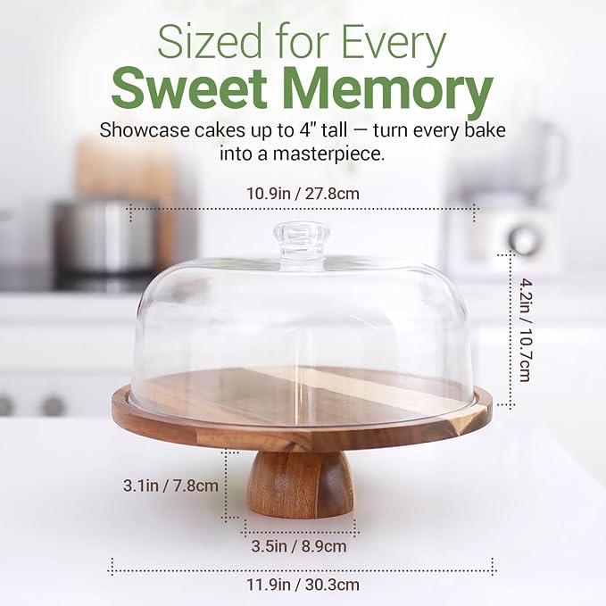 Linda’s Essentials Acacia Wood Cake Stand with Lid (Acrylic) 12 Inch Round Cake Holder Stand with 5 Bonus Cake Sheets, 2-in-1 Wooden Cake Stand with Dome & Charcuterie Board for Cheese, Cake Plate