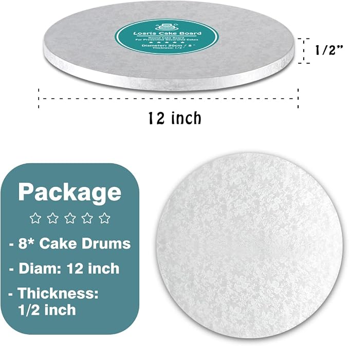 Silver Cake Drum Round 12 Inch Cake Boards with 1/2-Inch Thick Smooth Edges for Multi Tiered Birthday Wedding Party Cake Drums Board (8 PCS)