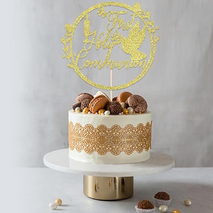 Gold Glitter First Holy Communion Cake Topper-Suitable for Ramadan, Religious Baptism, Baby Shower 1st Birthday Party Decorations, Children's Birthday, God Bless, Communion Party Decorations