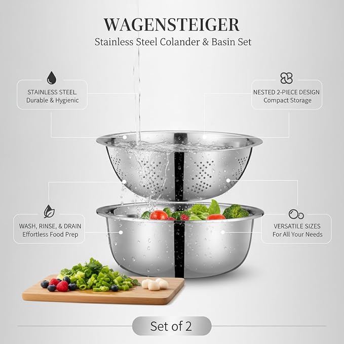 2-Piece Stainless Steel Colander and Bowl Set, Nested Strainer for Washing Veggies, Draining Pasta, and Food Prep (Silver)