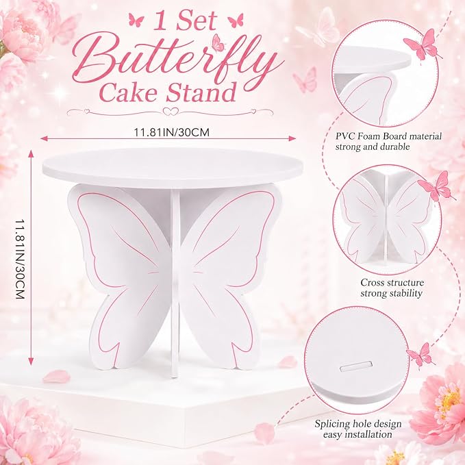 Pink White Butterfly Cake Stand, 3D PVC Dessert Display Stand for Birthday Party, Baby Shower, Wedding and Dessert Table Decor, Cake Holder for Cupcakes, Cakes and Sweets