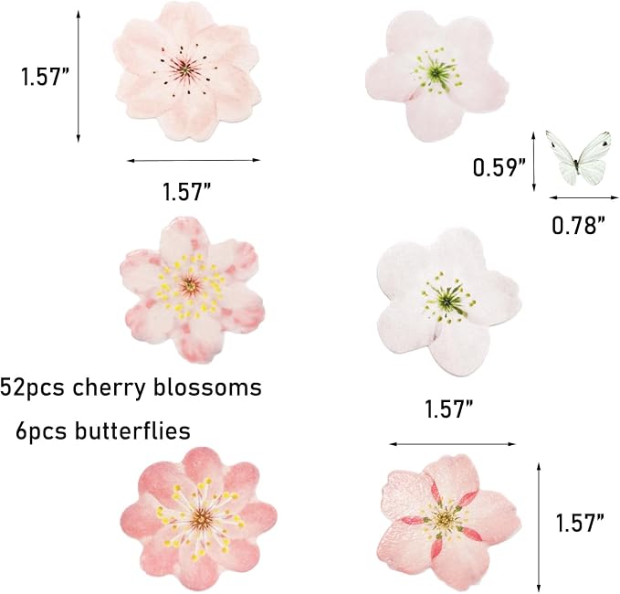 58 PCS Edible Cherry Blossoms Butterfly Cupcake Toppers Flowers Cake Decorations Wafer Paper Flowers Cupcake Topper for Baby Shower Kids Birthday Party Decorations Supplies Colorful