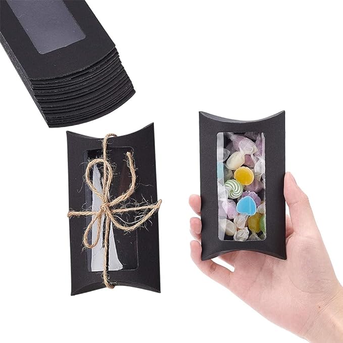 Wzttdm 40pcs Kraft Paper Mini Pillow Packaging Box with Clear Window, Box Treat Gift Packaging Box for Bakery Candy Chocolate Jewelry Display Wedding Party Favor (Black, 5 x 3 x 0.8 inches)