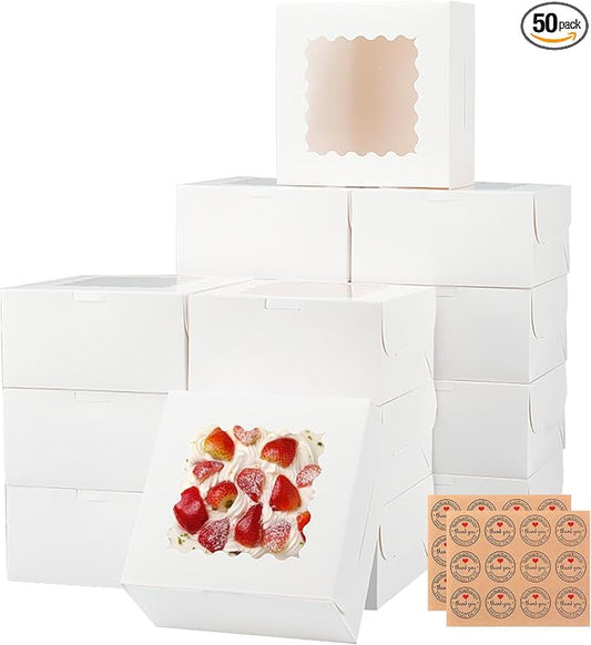 50pcs 6x6x3 Inches Bakery Boxes,White Bakery Boxes with Window for Valentines Day,Treat Boxes for Cookies Small Pie,Chocolate Covered Strawberries,Cupcake and Pastry