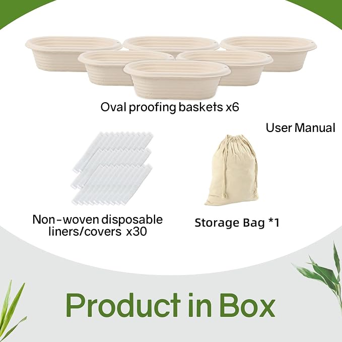 6pcs 10inch Oval Pulp Sourdough Proofing Basket Banneton Bortform with 30pcs Non Woven Liner Covers Professional and Home Bread Baking Supplies