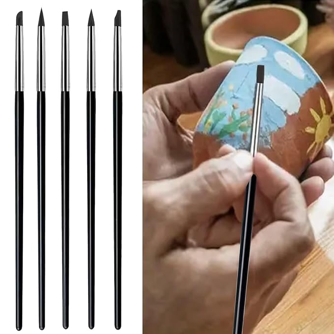 5Pcs Silicone Sculpting Tools, Black Clay Sculpting Tools, Multi-Shape Silicone Brushes, Pottery Modeling Tools for Polymer Clay, Ceramics, Nail Art, Fondant & Craft DIY