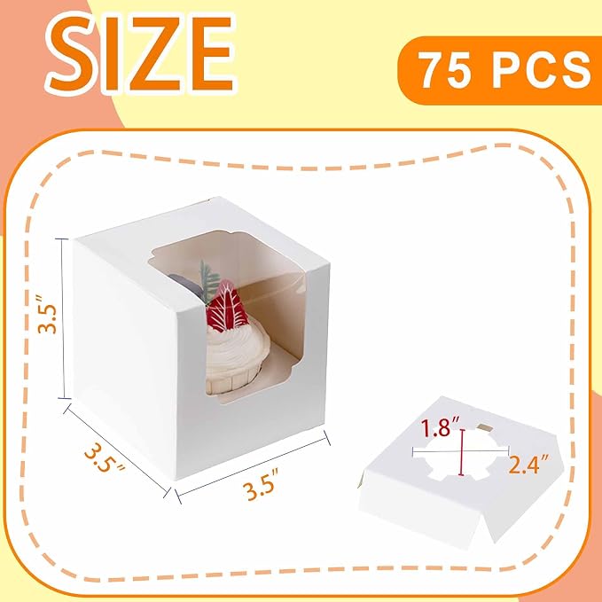 BOOMIBOO 75 Pack Individual Cupcake Containers, Cupcake Boxes with Window, Food Grade Cupcake Holders with Inserts, Stackable Deep Cupcake Carrier (White)