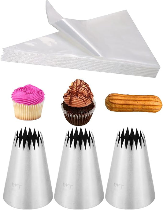 Churro Bags and Tips Set,3 French Star Piping Tips for Eclairs & 20 Disposable Pastry Bags 18 inch