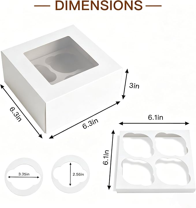 Jotique Cupcake Boxes with Window, 6 Sets 6x6x3 Inch White Paper Bakery Boxes for Cookies and Muffins, Sturdy Disposable Treat Boxes for Individual Pastry, Baked Goods, Gift Giving