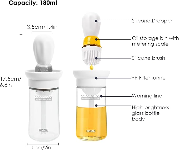 Oil Dispenser with Brush - Glass Olive Oil Dispenser Bottle with Silicone Basting Brush for Kitchen Cooking Vinegar Frying Baking, T-OB21S, Black