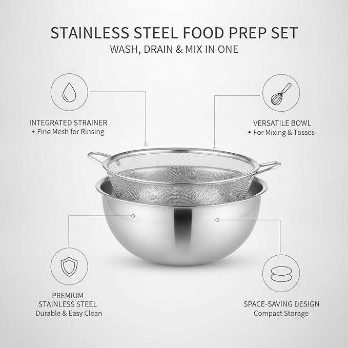 Home Cooks Stainless Steel Mixing Bowl Set with Nested Strainer for Efficient Washing and Food Prep