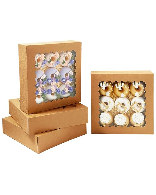 Bakepacker 90pcs Brown Pie Boxes 8x8x2.5 inches Easy Assemble Macaroon Cookie Boxes Bakery Boxes with Window for Bakery (Auto-pop Up)