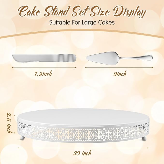 Wenqik White Cake Stand 20 Inch Metal Round Cupcake Dessert Stand with Cake Cutting, Spatula Cookies Cupcake Pastry Display Candy Holder Fruit Serving Tray for Wedding Birthday Party