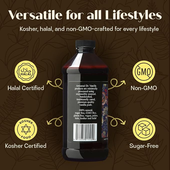 Natural Vanilla Alcohol‑Free Flavor, 16 fl oz - Madagascar Bourbon vanilla, 100% natural, sugar‑free, GMO‑free, gluten‑free, vegan, paleo, keto, kosher, and halal
