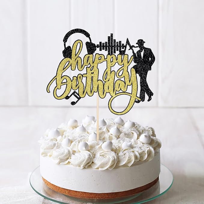 Saxophone Happy Birthday Cake Topper-Black Gold Glitter Saxophone Music headphones Cake Decorations,Music Lover Theme Birthday Party Supplies