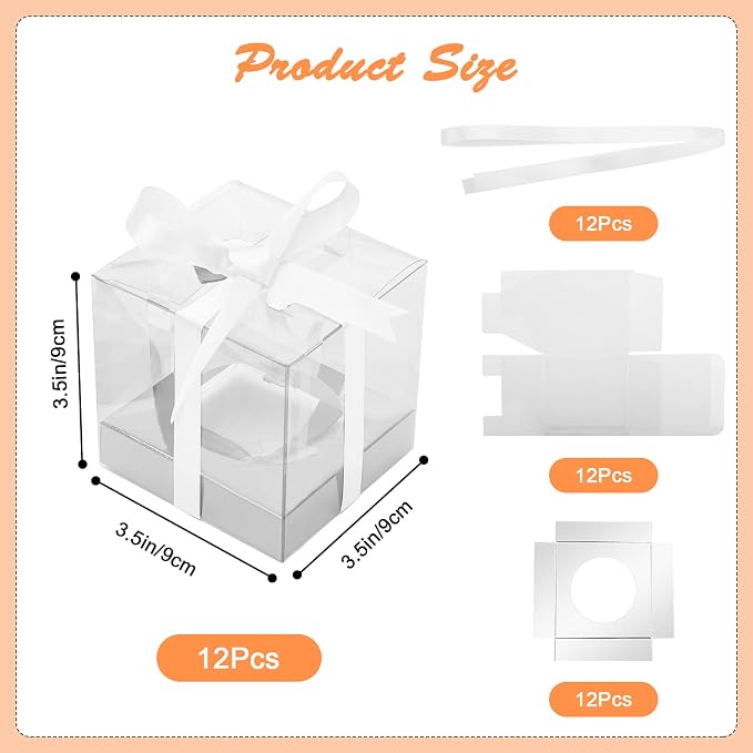 12 Pack Clear Plastic Cupcake Boxes, 3.5 Inch Silver Single Cupcake Containers Disposable Individual Cupcake Carrier Holder Box with Inserts and Ribbon Clear Boxes for Cupcakes (Silver)