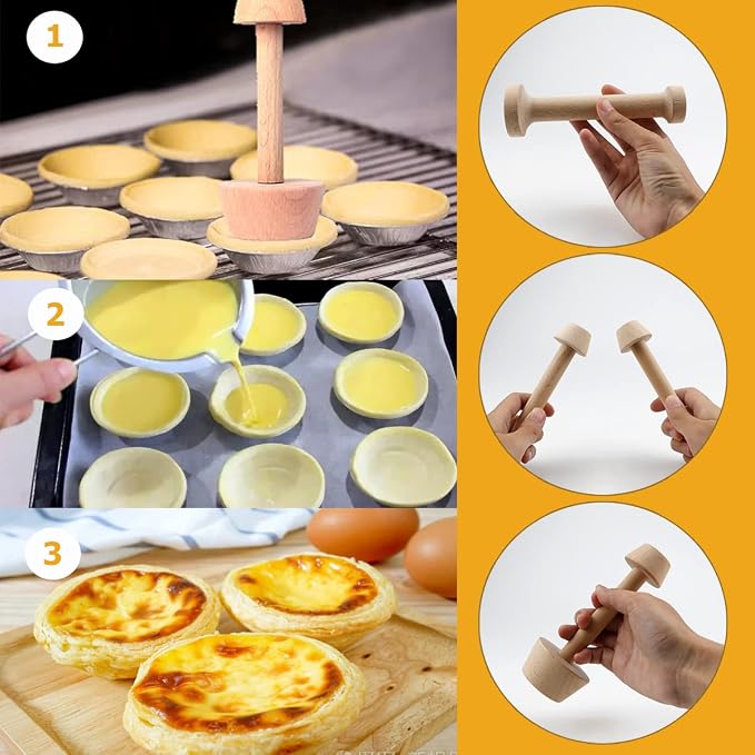 DOERDO 4Pieces Wooden Tart Tamper Set Double-Side Egg Tarts Tamper Pastry Tools DIY Cake Pastry Tool for Mini Egg Tart Cheesecakes Dessert Baking