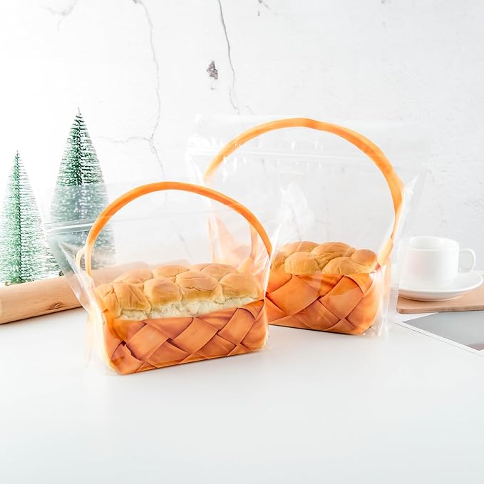 50 pcs 7.9 Inch Large Clear Bread Plastic Bags with Handle, Sealing Zipper Loaf Packaging with Basket Pattern for Homemade Bread Cookie, Bakery Cafe