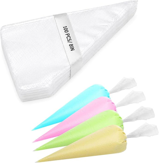 Engorgio 100 Pcs Disposable Mini Piping Bags 8 inch Pastry Bag Pastry Crimpers Small Piping Bags Disposable Pastry Bags For Cake Macarons Dessert Decorations Cookies Baking Cupcakes (Clear)