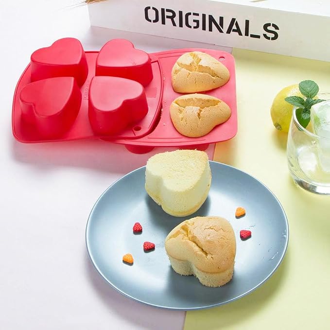 Webake Silicone Heart Mold 2.75" Heart Shaped Cake Pans, 4-Cavity Air Fryer Baking Pan Muffin Cupcake Mold for Baking, Soap, Egg Bites 2 Pack
