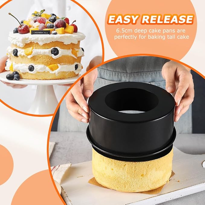 2 Pack 8.27 in Cake Pans, 2.56 in Deep, Straight Sided, Removable Bottom | Includes 2 pans with removable bottoms, No parchment paper included, Use baking sheet if seepage occurs