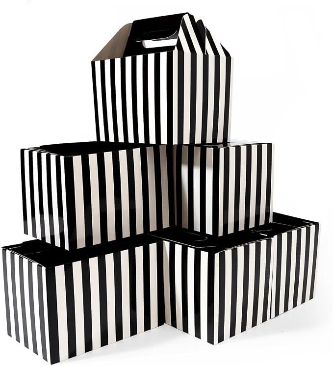 Happyhiram 40-Pack Large Gable Boxes Black Striped - 9x6x6 Inch Sturdy Cardboard Containers for Gifts, Box Lunches, Cookies, and Birthday Wedding, Easy to Assemble with Handles