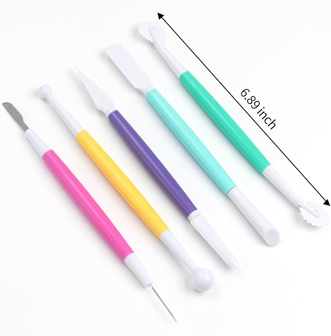 5-Piece Cake Decorating Sculpting Kit, DIY Fondant & Gum Paste Modeling Tools for Cake, Cookie Decorating, Includes 1 Ball Tool, 1 Rolling Pin, 1 Smoother, 1 Cutter, 1 Veining Tool