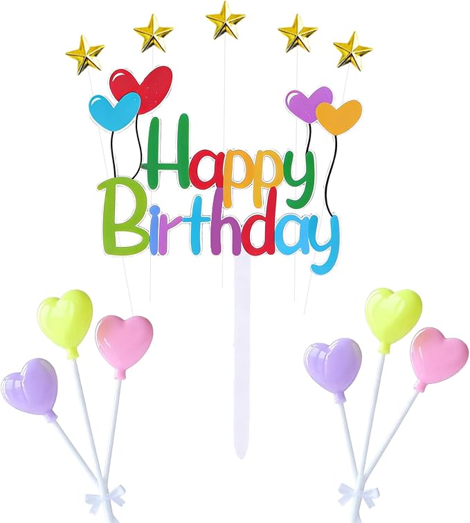 Colorful Happy Birthday Cake Topper Set - Stars and Hearts Picks, Perfect for Kids' Birthdays, Rainbow Themed Parties Ideal for Cupcakes Party Decor
