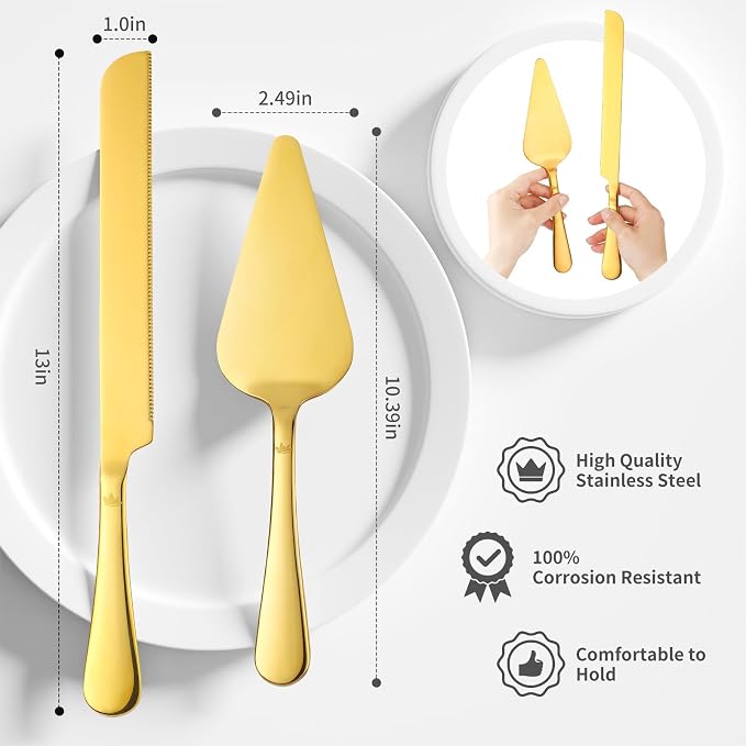 SANEXC Cake Cutting Set for Wedding - Extended Cake Knife And Server Set Thickened Stainless Steel Cake Cutter and Pie Spatula Great for Birthday Anniversary Christmas Gift Gold 2 Pcs